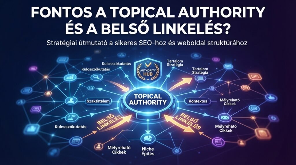 Mi az LLM-optimalizálás? Így készíts weboldalt az AI-keresők korszakára 73 A Topical Authority és a belső linkelés kapcsolatát ábrázoló hálózati diagram SEO stratégiai elemekkel