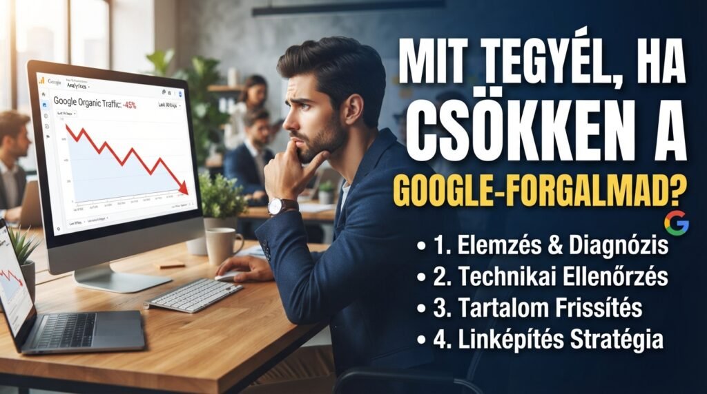 Miért csökken a Google-kattintások száma, miközben a helyezésed alig változik? 76 Férfi aggódva nézi a 45%-os forgalomcsökkenést mutató grafikont