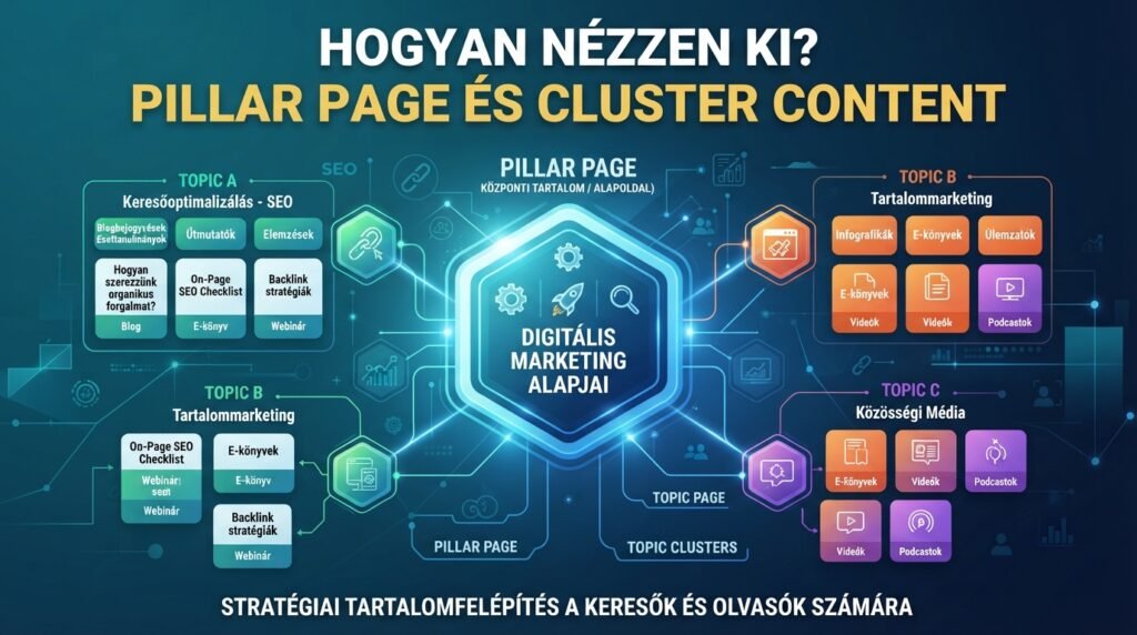 Belső linkelés topical authority építéshez: így építs valódi tartalmi hálózatot 72 Infografika a pillar page és cluster content modellről: egy központi főoldalhoz kapcsolódó tematikus tartalomcsoportok