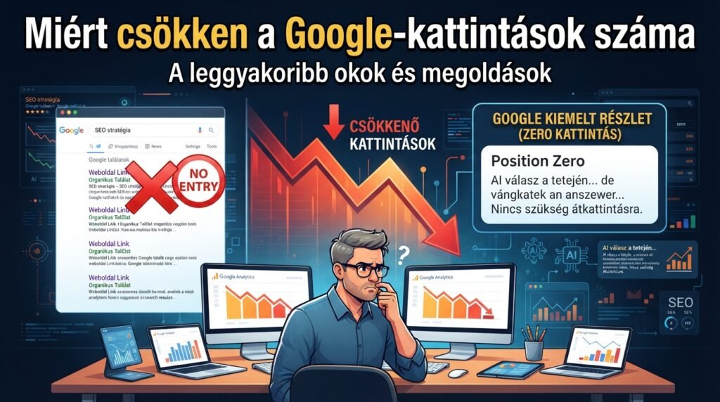 Elemző grafikonok és SEO stratégia csökkenő kattintásokkal.