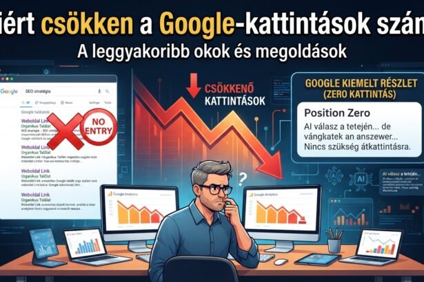 Elemző grafikonok és SEO stratégia csökkenő kattintásokkal.