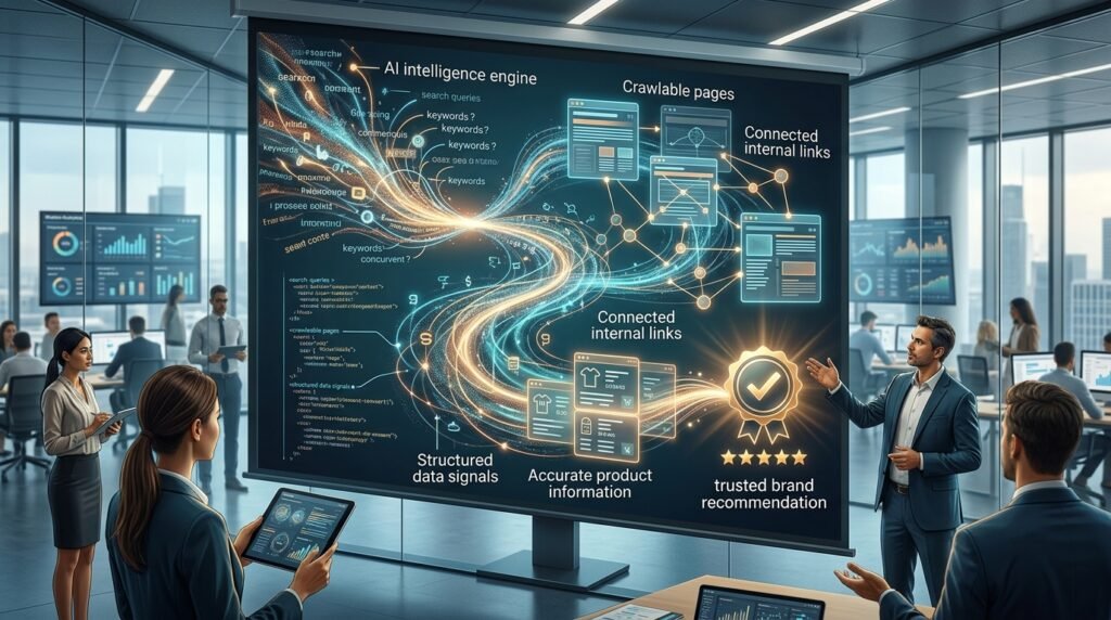 AI-alapú keresési felületet elemző szakember, a SEO és a márkák láthatóságának változásait bemutató grafikonokkal