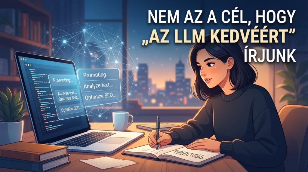 Mi az LLM-optimalizálás? Így készíts weboldalt az AI-keresők korszakára 72 Nő ír egy „Emberi tudás” füzetbe AI-eszközök mellett. Szöveg: Nem az a cél, hogy „az LLM kedvéért” írjunk